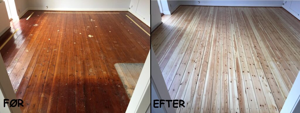 To billeder af det samme gulv, side om side. På det første billede, markeret med teksten "FØR", er et rødligt lakeret gulv med tydelige mærker af slid. På højre side er billedet markeret "EFTER", og viser et lyst, nyslebet gulv.